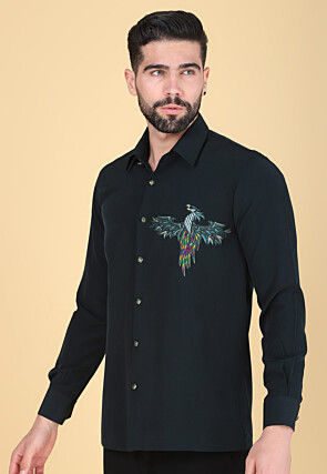 Hand Embroidered Polyester Shirt in Dark Teal Green