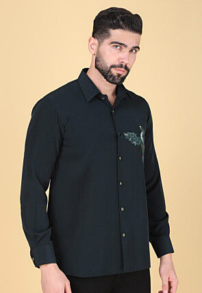 Hand Embroidered Polyester Shirt in Dark Teal Green