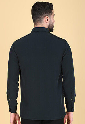 Hand Embroidered Polyester Shirt in Dark Teal Green