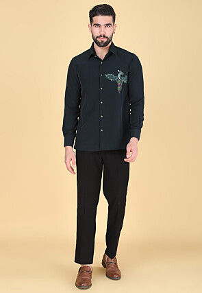 Hand Embroidered Polyester Shirt in Dark Teal Green