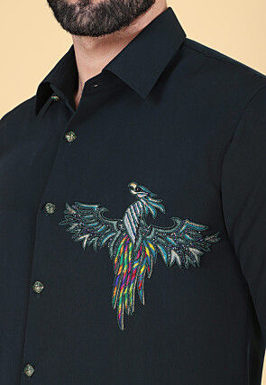 Hand Embroidered Polyester Shirt in Dark Teal Green