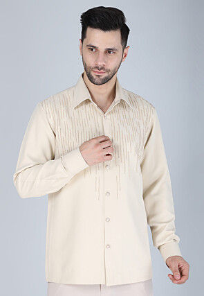 Hand Embroidered Polyester Shirt in Light Beige
