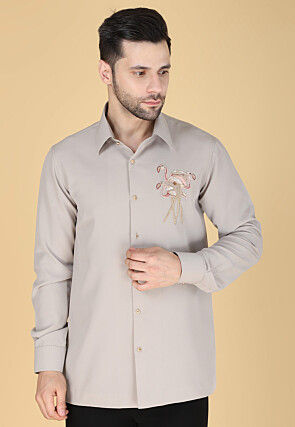 Hand Embroidered Polyester Shirt in Light Fawn