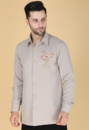 Hand Embroidered Polyester Shirt in Light Fawn