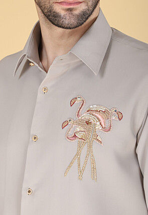 Hand Embroidered Polyester Shirt in Light Fawn