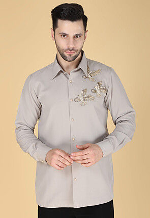 Hand Embroidered Polyester Shirt in Light Grey