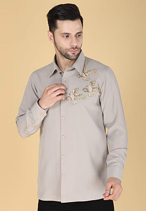 Hand Embroidered Polyester Shirt in Light Grey