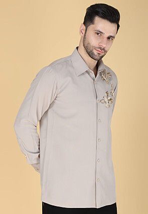 Hand Embroidered Polyester Shirt in Light Grey