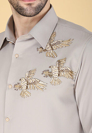 Hand Embroidered Polyester Shirt in Light Grey