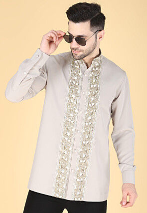 Hand Embroidered Polyester Shirt in Light Grey