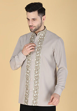 Hand Embroidered Polyester Shirt in Light Grey