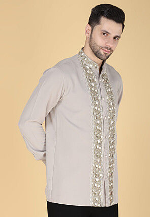 Hand Embroidered Polyester Shirt in Light Grey