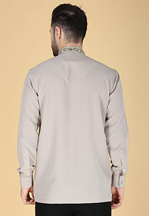 Hand Embroidered Polyester Shirt in Light Grey