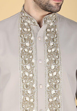 Hand Embroidered Polyester Shirt in Light Grey