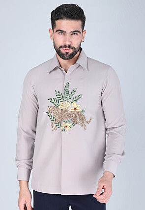 Hand Embroidered Polyester Shirt in Light Purple