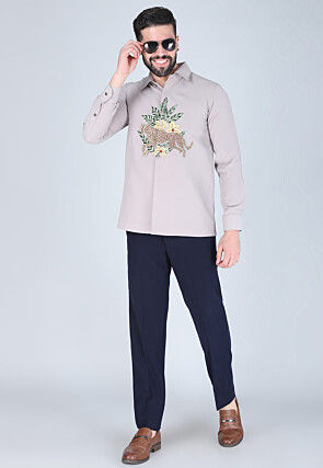 Hand Embroidered Polyester Shirt in Light Purple
