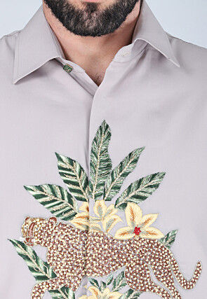 Hand Embroidered Polyester Shirt in Light Purple
