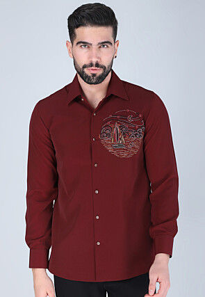 Hand Embroidered Polyester Shirt in Maroon