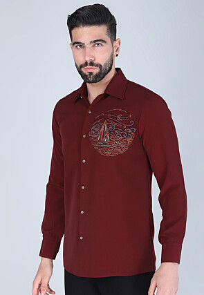 Hand Embroidered Polyester Shirt in Maroon