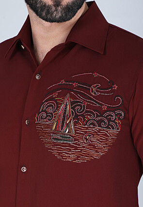 Hand Embroidered Polyester Shirt in Maroon