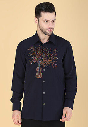 Hand Embroidered Polyester Shirt in Navy Blue