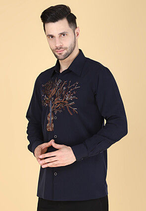 Hand Embroidered Polyester Shirt in Navy Blue