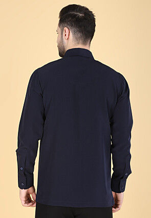 Hand Embroidered Polyester Shirt in Navy Blue