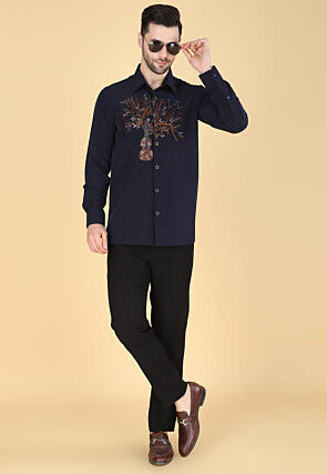 Hand Embroidered Polyester Shirt in Navy Blue