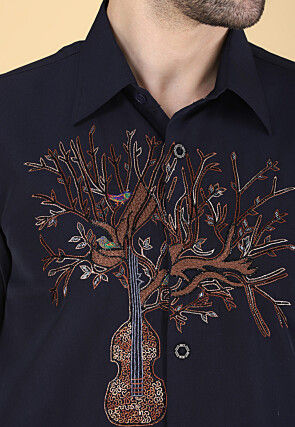 Hand Embroidered Polyester Shirt in Navy Blue