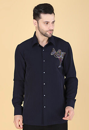 Hand Embroidered Polyester Shirt in Navy Blue
