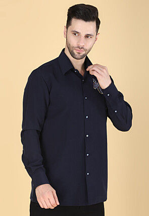 Hand Embroidered Polyester Shirt in Navy Blue