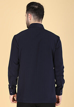 Hand Embroidered Polyester Shirt in Navy Blue