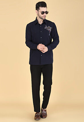 Hand Embroidered Polyester Shirt in Navy Blue