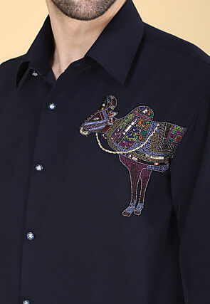 Hand Embroidered Polyester Shirt in Navy Blue
