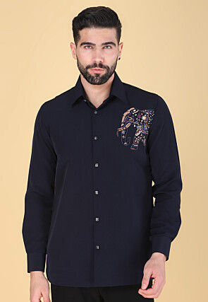 Hand Embroidered Polyester Shirt in Navy Blue