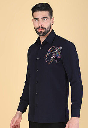 Hand Embroidered Polyester Shirt in Navy Blue