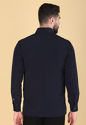 Hand Embroidered Polyester Shirt in Navy Blue