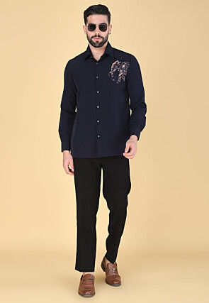 Hand Embroidered Polyester Shirt in Navy Blue