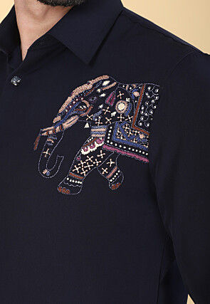 Hand Embroidered Polyester Shirt in Navy Blue