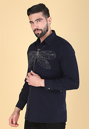 Hand Embroidered Polyester Shirt in Navy Blue