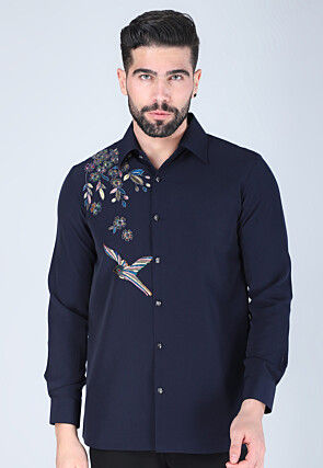 Hand Embroidered Polyester Shirt in Navy Blue