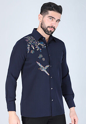 Hand Embroidered Polyester Shirt in Navy Blue