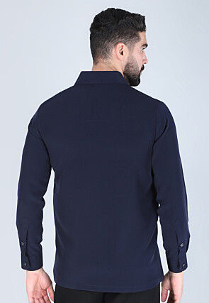 Hand Embroidered Polyester Shirt in Navy Blue