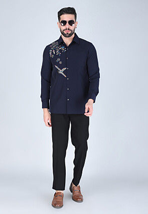 Hand Embroidered Polyester Shirt in Navy Blue