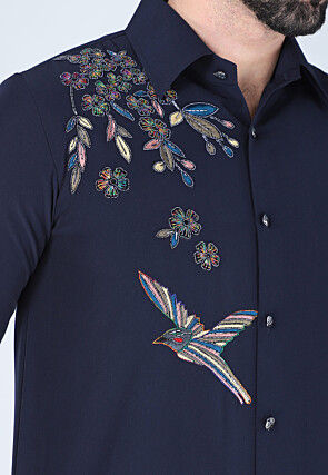 Hand Embroidered Polyester Shirt in Navy Blue