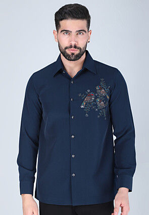 Hand Embroidered Polyester Shirt in Navy Blue