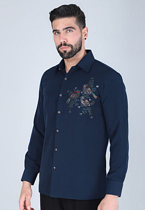 Hand Embroidered Polyester Shirt in Navy Blue