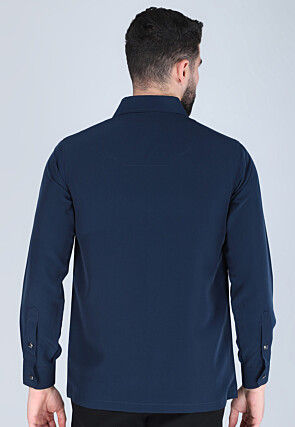 Hand Embroidered Polyester Shirt in Navy Blue