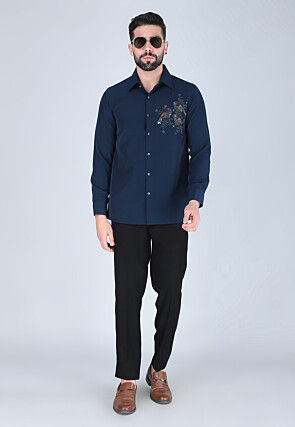 Hand Embroidered Polyester Shirt in Navy Blue