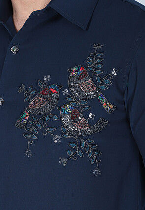 Hand Embroidered Polyester Shirt in Navy Blue